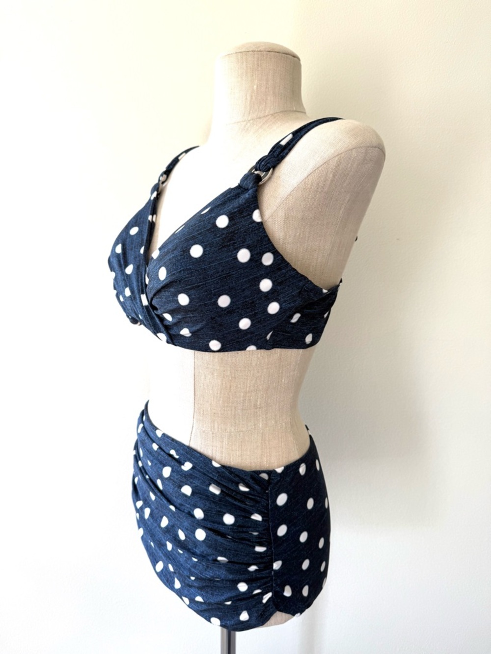 Miraclesuit Equinox Norma Jean Pinup Navy Polka Dot Retro High Waist Bikini Set - Picture 2 of 16